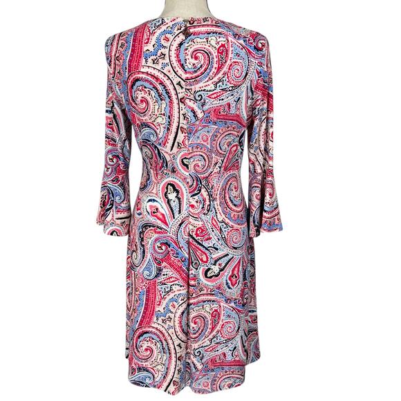 Tommy Hilfiger SZ 4 A-Line Dress Paisley 3/4 Bell Sleeves Stretch Round Neck Zip - Picture 5 of 10
